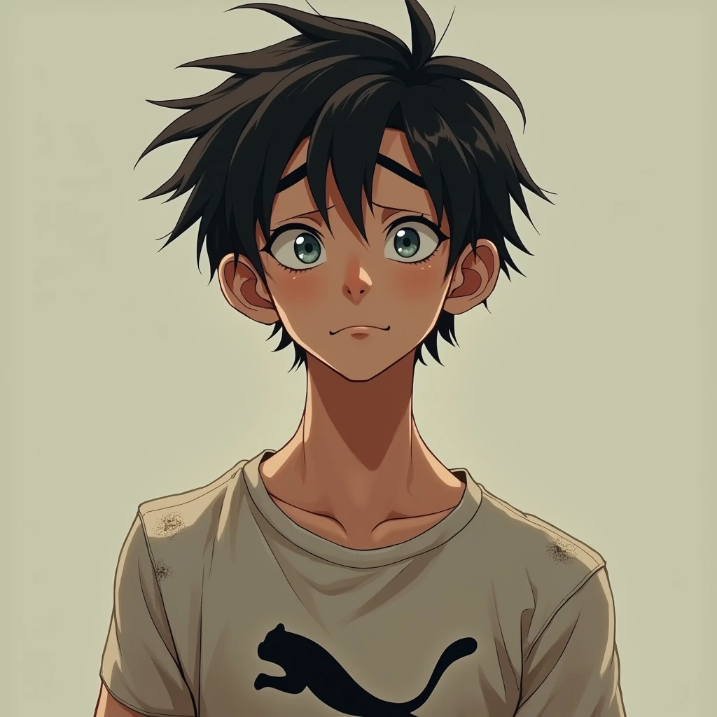 a lanky young man with wild straight short dark hair, piercing narrowed blue-grey eyes, raised eyebrows, knowing smirk, wearing faded ironic anime-themed t-shirt, ripped jeans, scuffed sneakers, exuding tired intelligent air, (best quality,4k,8k,highres,masterpiece:1.2),ultra-detailed,(realistic,photorealistic,photo-realistic:1.37),portrait,digital painting,cinematic lighting,dramatic shadows,warm tones,highly detailed face and eyes