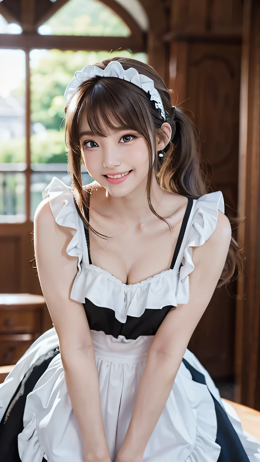 (Ultra-high quality, shot with DSLR, 8k, highest quality, high resolution, top quality, highest resolution, very beautiful woman, perfect anatomy), light brown eyes, very bright brown eyes, small diamond-shaped earrings, looking directly at the camera, beautiful brown hair, ((baby face, loosely cute medium ponytail)), very short and beautiful bangs on brown hair, E-cup bust, showing beautiful décolletage, very beautiful 20-year-old, lip gloss, smiling very happily, very cute smile, upper teeth, beautiful teeth, inside an elegant Western-style mansion (background only), slightly larger eyes, small face, tall supermodel, beautifully shaped model, random cute gravure pose, dynamic angle, eye focus, head tilt, very detailed and realistic, very beautiful 20-year-old, ((medium shot)), sharp jawline, ((maid costume cosplay)), deep waistline, sexy legs, side view, smiling very happily, laughing, summer noon.