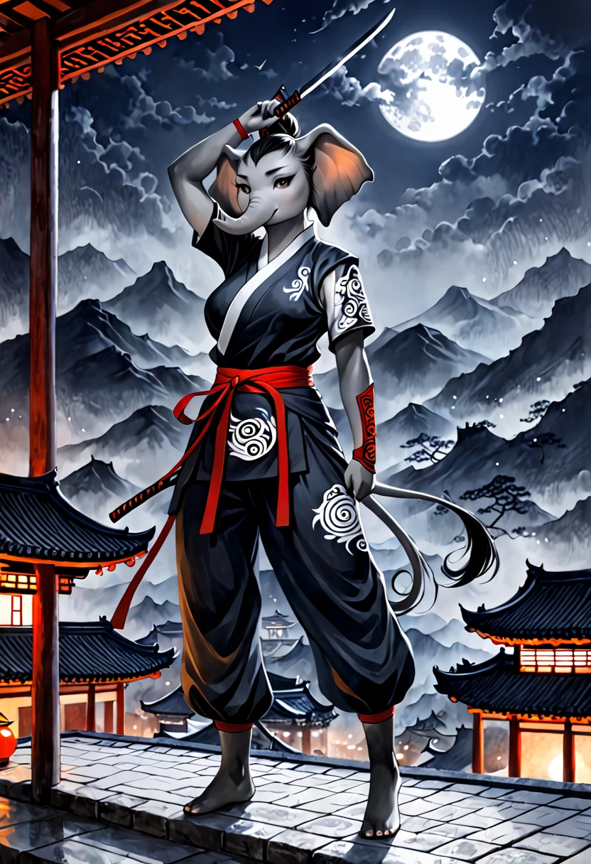 (((best quality))),(((ultra detailed))),(((masterpiece))),illustration,1woman,swordsman,woman warrior,traditional Chinese clothing,standing,ink style,martial arts,pose,rooftop,moonlight,night,background,ancient Chinese architecture,misty mountains,silhouette,serenity,furry,elephant anthro--ar 16:9