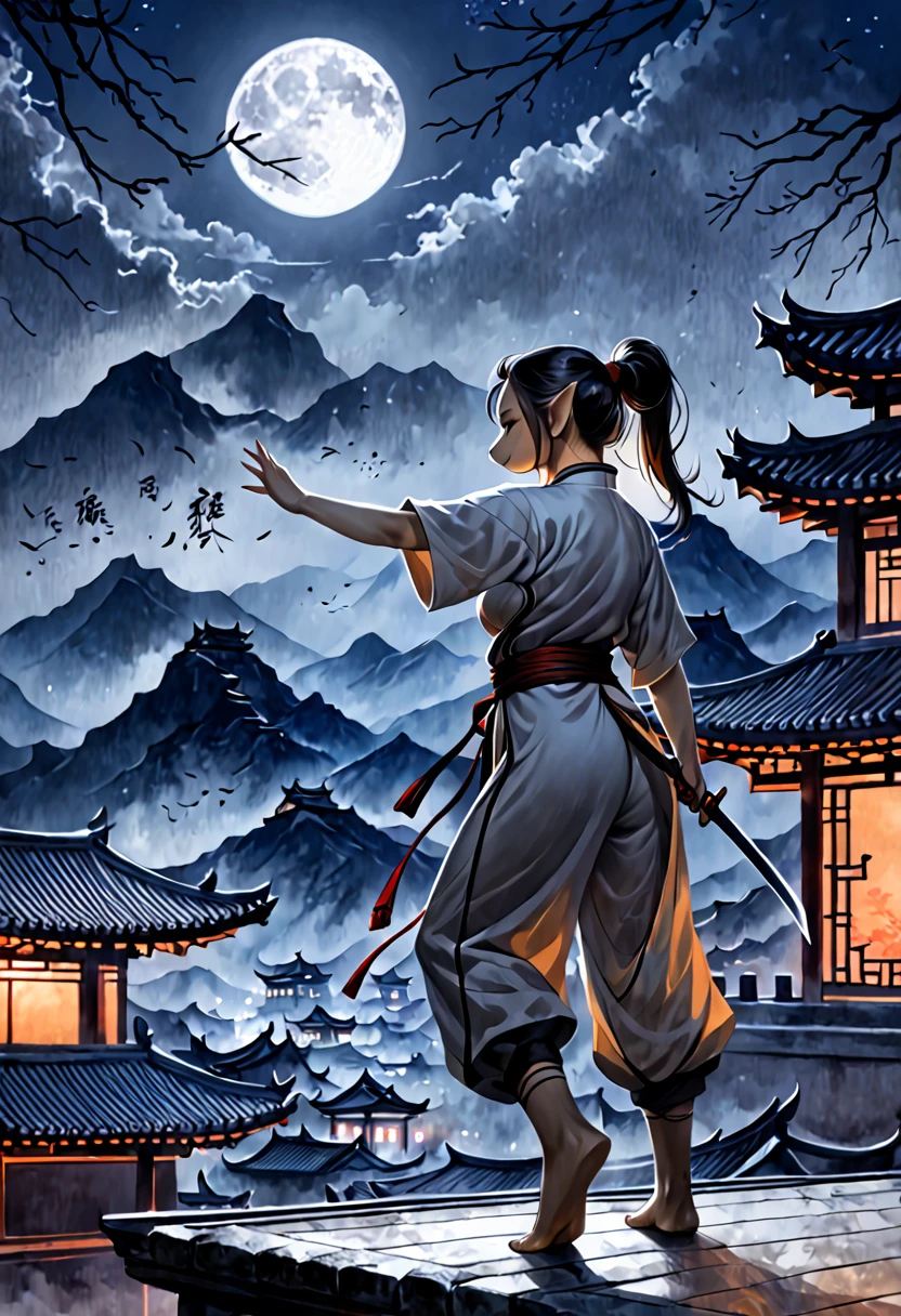 (((best quality))),(((ultra detailed))),(((masterpiece))),illustration,1woman,swordsman,woman warrior,traditional Chinese clothing,standing,ink style,martial arts,pose,rooftop,moonlight,night,background,ancient Chinese architecture,misty mountains,silhouette,serenity,furry,elephant anthro--ar 16:9