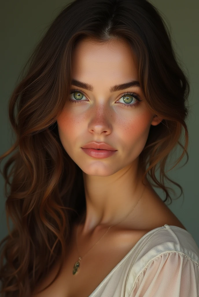 White woman with brown wavy hair , green eyed
