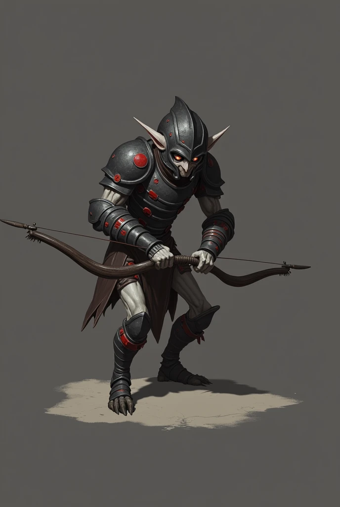 a white skinned goblin, not human, wearing black armor, helmet that leaves only the eyes exposed, carrying a bow, detailed fantasy character, armor with red details, hyper realistic, cinematic lighting, epic fantasy, dark fantasy, action pose, short height