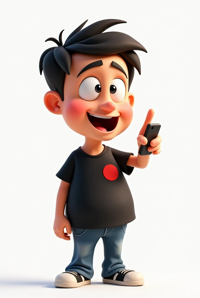 Create a Disney Pixar style character in a white setting a white man,Round face, narigudo, with thick eyebrows, the short hair down, short in stature, wearing a black t-shirt with a red circle on the left chest and jeans, with one hand holding a cell phone and the other pointing upwards
