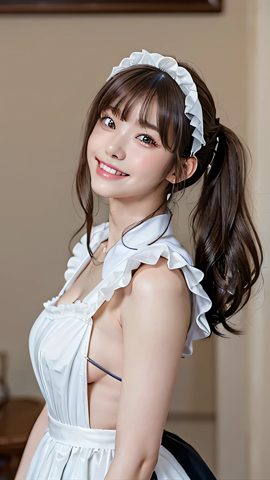 (Ultra-high quality, shot with DSLR, 8k, highest quality, high resolution, top quality, highest resolution, very beautiful woman, perfect anatomy), light brown eyes, very bright brown eyes, small diamond-shaped earrings, looking directly at the camera, beautiful brown hair, ((baby face, loosely cute medium ponytail)), very short and beautiful bangs on brown hair, E-cup bust, showing beautiful décolletage, very beautiful 20-year-old, lip gloss, smiling very happily, very cute smile, upper teeth, beautiful teeth, inside an elegant Western-style mansion (background only), slightly larger eyes, small face, tall supermodel, beautifully shaped model, random cute gravure pose, dynamic angle, eye focus, head tilt, very detailed and realistic, very beautiful 20-year-old, ((medium shot)), sharp jawline, ((maid costume cosplay)), deep waistline, sexy legs, side view, smiling very happily, laughing, summer noon.
