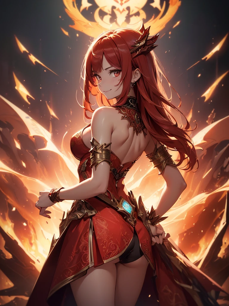 (((best quality, sharp image, clear image, cinematic lighting, 8k resolution, masterpiece, ultra detailed, intricate))) Girl, sorcerer, cute, intricate dress, smiling, fiery red, ((intricate background)), (rune frame), dimension, ((shot from behind)), fire sigils, chaotic background, ((half-body shot))