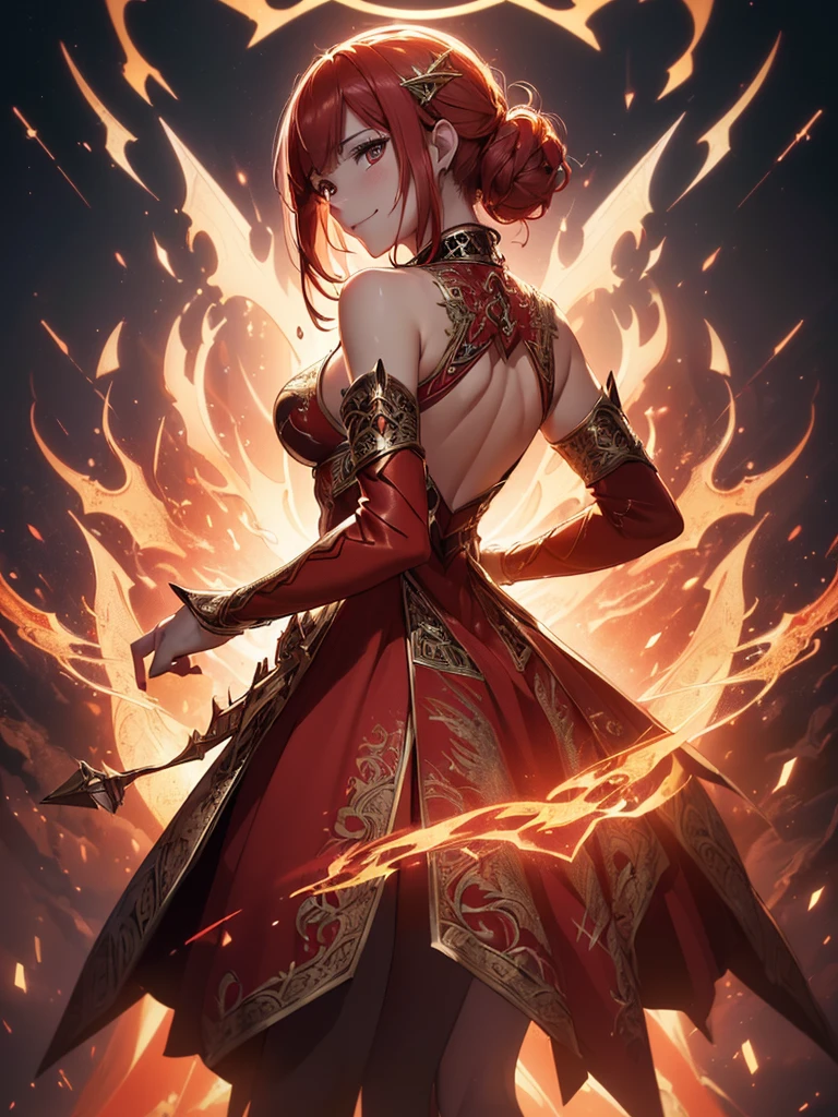 (((best quality, sharp image, clear image, cinematic lighting, 8k resolution, masterpiece, ultra detailed, intricate))) Girl, sorcerer, cute, intricate dress, smiling, fiery red, ((intricate background)), (rune frame), dimension, ((shot from behind)), fire sigils, chaotic background, ((half-body shot))
