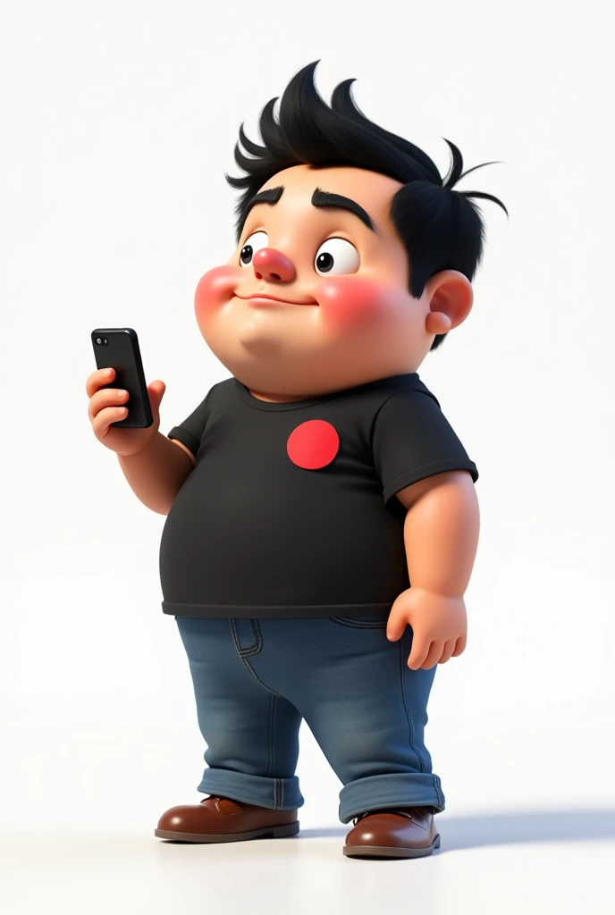 Create a Disney Pixar style character in a white setting a white man,Round face, narigudo, with thick eyebrows, the short hair down, short in stature, wearing a black t-shirt with a red circle on the left chest and jeans, with one hand holding a cell phone and the other pointing upwards
