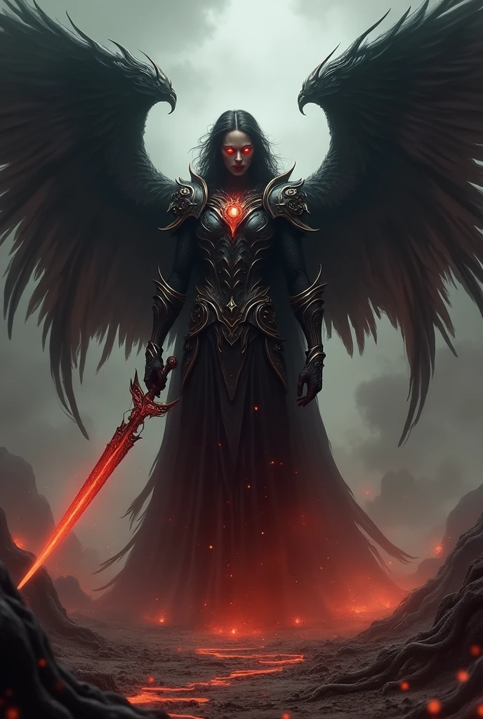 Visualize Lucifer, the fallen angel and ruler of Hell, standing in a dark, foreboding landscape. His towering figure exudes both beauty and terror, with a pair of massive, dark wings unfurled behind him. His eyes blaze with a fiery intensity, glowing a deep, sinister red, while his face is a blend of angelic features twisted by malevolent power. Lucifer’s armor is dark and ornate, etched with ancient symbols, and his hand grips a burning sword, radiating with an otherworldly light. The atmosphere around him is thick with smoke and shadows, and the ground beneath his feet is cracked and scorched, echoing the despair of the damned souls trapped in his realm