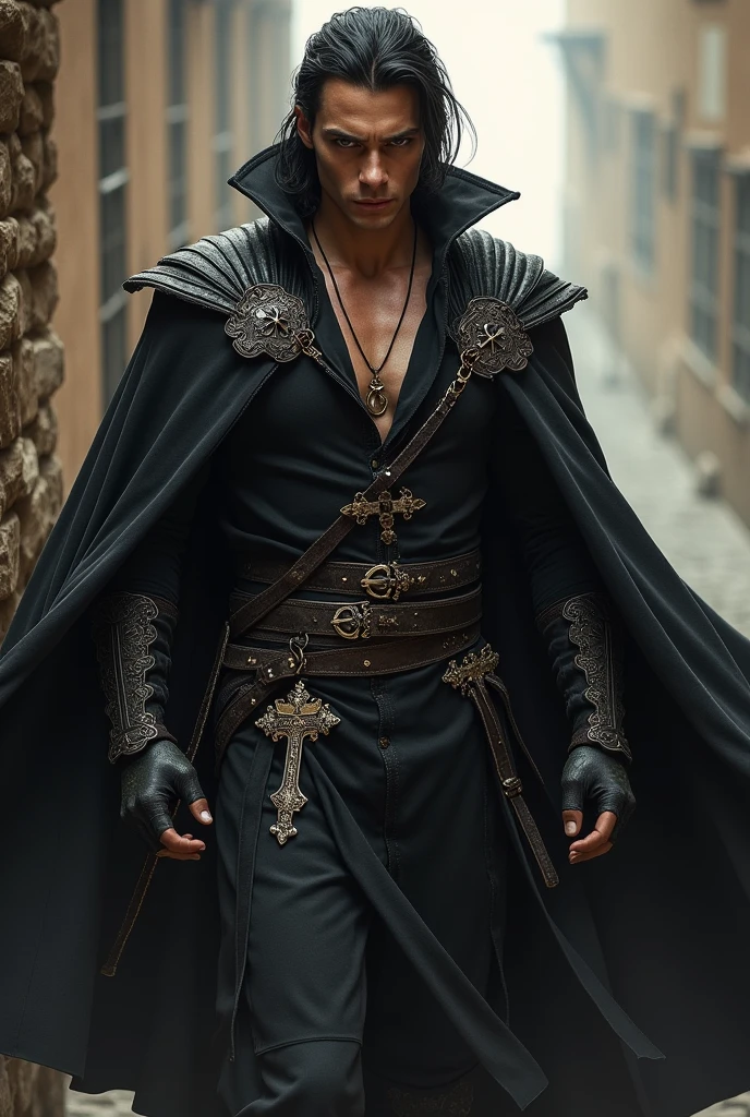 An incredibly handsome and masculine toreador vampire, he is greek and he is a knight templar, He is a 5th generation vampire therefore very powerful, he has a beautiful crucifix that is always with him and a cape