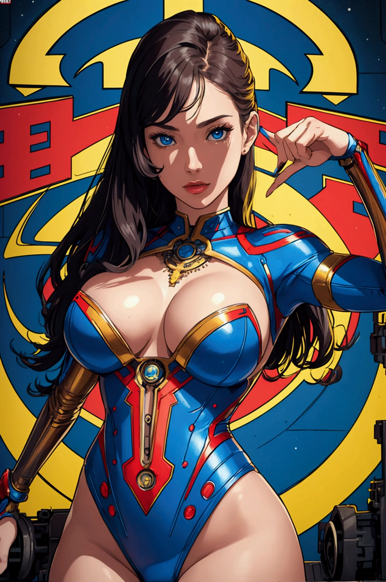 (ultimate best quality),solo,1girl,beautiful perfect woman,detailed perfect body, detailed perfect finger,ultimate movie poster,bust up, close up,detailed complicated machine,genius mechanical,American comics,extreme highlights,Extremely colorful, primary colors,cleavage, super beautiful lady
