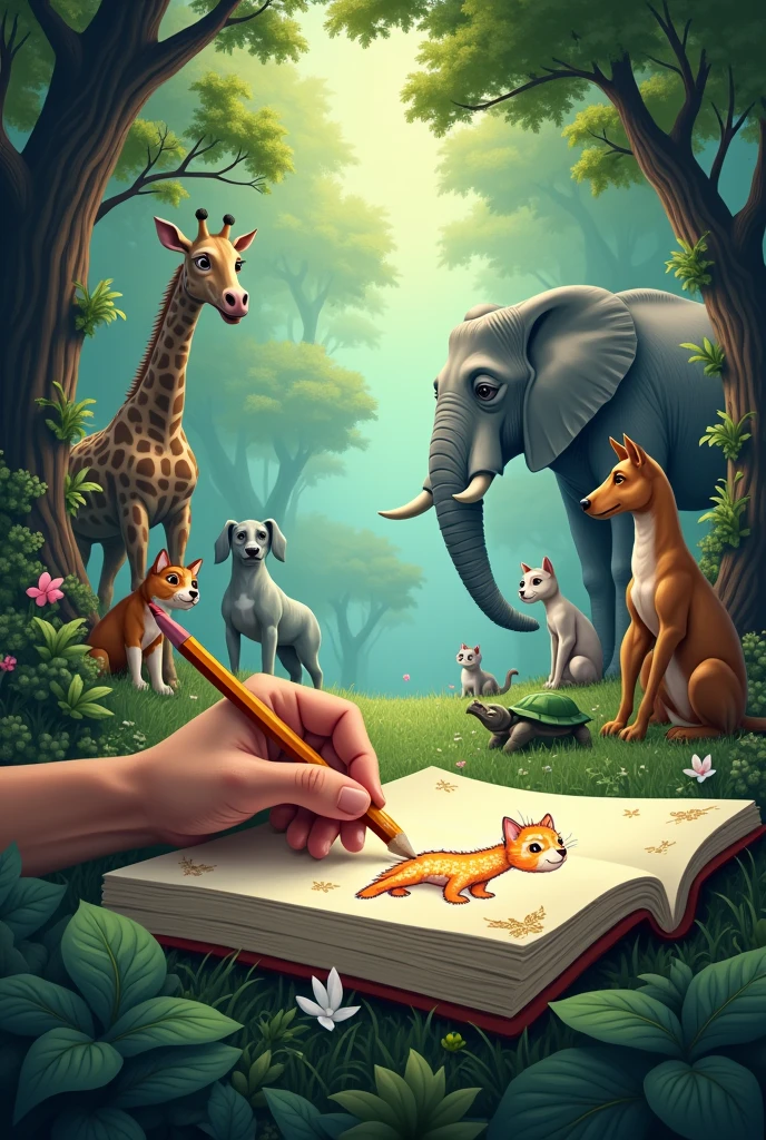 Make a book cover with the following image, a hand holding pencil and painting 3d baby animal drawing, make a forest background with, dog Brown horse Gray cat Big elephant Giraffe neck Green turtle