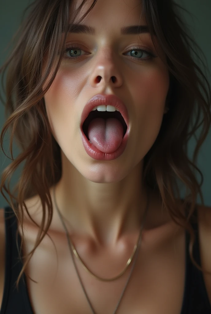 Create a photo of a hermaphrodite woman ejaculating in her own mouth