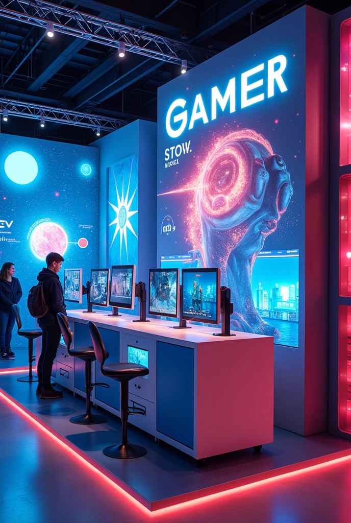A stand with VR games with artificial intelligence and augmented reality decoration That a group of 10 teenagers made with simple materials