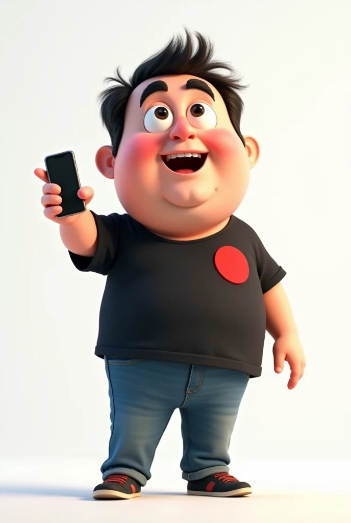 Create a Disney Pixar style character in a white setting a white man,Round face, narigudo, with thick eyebrows, the short hair down, short in stature, wearing a black t-shirt with a red circle on the left chest and jeans, with one hand holding a cell phone and the other pointing upwards