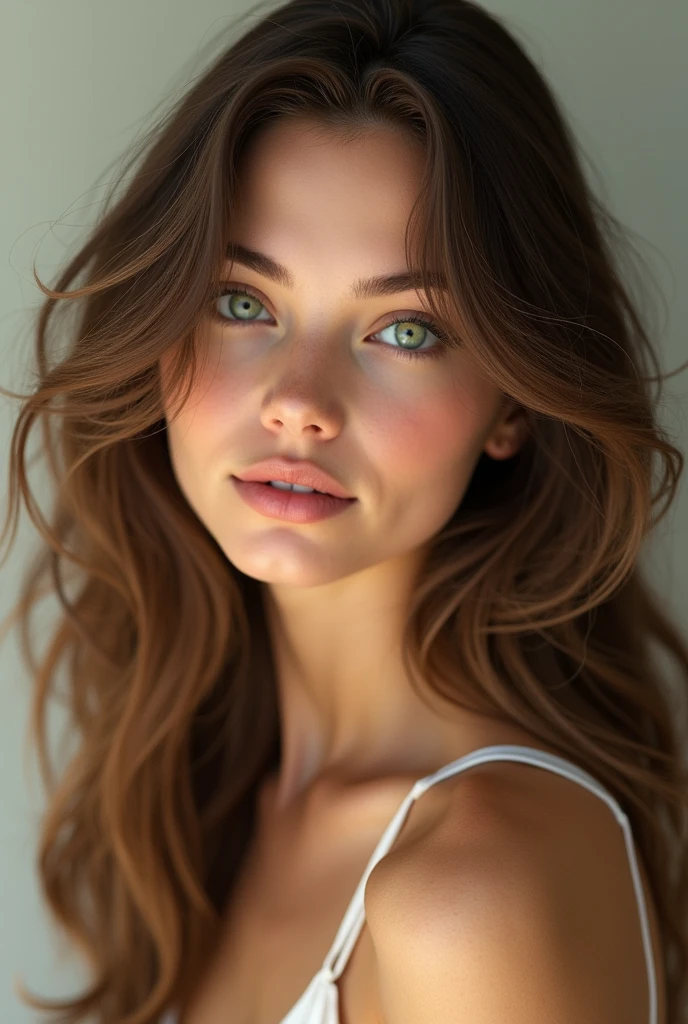 White woman with brown wavy hair , 20 year old green eyes