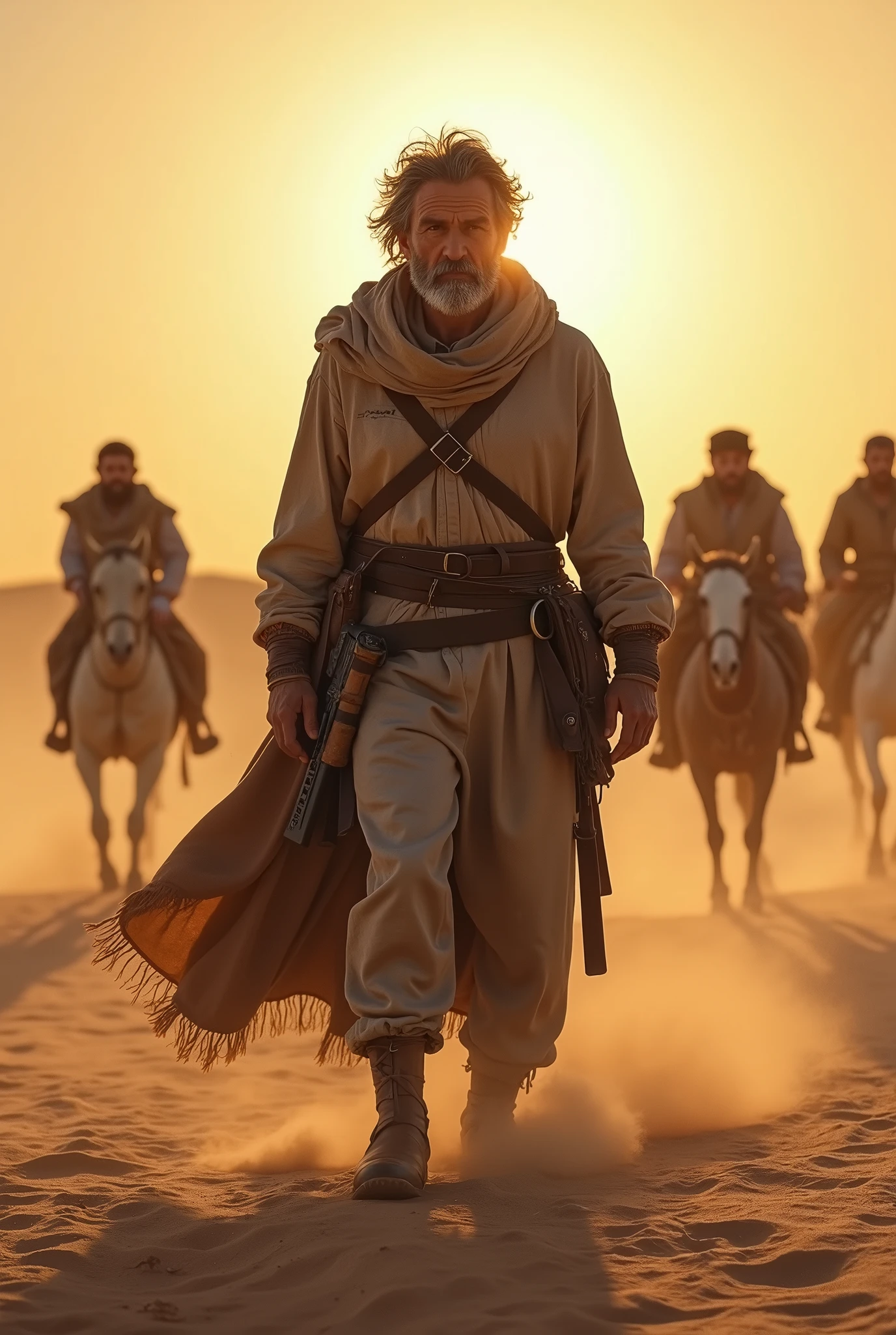 As the humble man continued on his way through the desert, he came across a group of bandits (haydut) It turns out. The man stands calmly and confidently.
