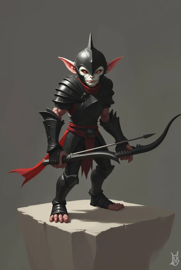 a white skinned goblin, not human, wearing black armor, helmet that leaves only the eyes exposed, carrying a bow, detailed fantasy character, armor with red details, hyper realistic, cinematic lighting, epic fantasy, dark fantasy, action pose, short height