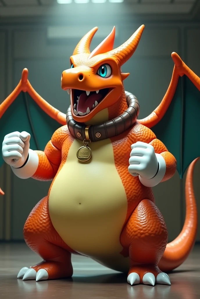 Charizard wearing a leather collar around his neck, white rubber gloves on hands and feet, white spats on feet, fat, bulging belly, large belly, thick leather collar, (high quality,4k,8k,highres,masterpiece:1.2),ultra-detailed,(realistic,photorealistic,photo-realistic:1.37), masterpiece,(intricate details), captivating artwork, artistically rendered, masterful strokes, attention to detail, tasteful composition, alluring charm, careful shading, great attention to anatomy, meticulous rendering, impeccable craftsmanship, vivid colors, perfect balance between realism and fantasy. Solo, Male, fat, squatting, extremely obese, gentleman, Charizard, bulging belly, large belly, blue eyes, (posing:1.3), (soft shading), 4k, hi res, ((detailed face, detailed)), looking at viewer, mouth wide open, office, top hat, male focus, brown headwear, Charizard is wearing a glossy leather dog collar around the neck, Charizard is wearing the leather collar and gloves and spats at the same time, Charizard is wearing glossy white rubber gloves on the hands, wearing white rubber gloves on the feet, gloves are rubber in texture, clenching fists, leather collar is glossy and shiny with a lot of detail, Charizard is wearing gloves and leather collar at the same time, leather collar has a round dog-tag, leather collar is thick and detailed.