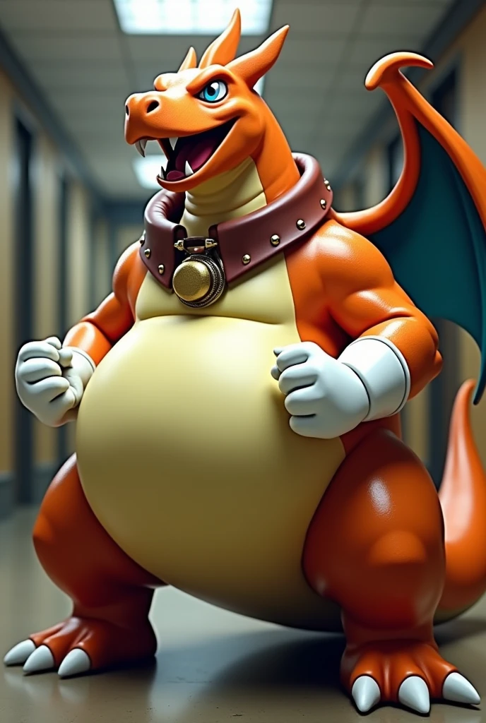 Charizard wearing a leather collar around his neck, white rubber gloves on hands and feet, white spats on feet, fat, bulging belly, large belly, thick leather collar, (high quality,4k,8k,highres,masterpiece:1.2),ultra-detailed,(realistic,photorealistic,photo-realistic:1.37), masterpiece,(intricate details), captivating artwork, artistically rendered, masterful strokes, attention to detail, tasteful composition, alluring charm, careful shading, great attention to anatomy, meticulous rendering, impeccable craftsmanship, vivid colors, perfect balance between realism and fantasy. Solo, Male, fat, squatting, extremely obese, gentleman, Charizard, bulging belly, large belly, blue eyes, (posing:1.3), (soft shading), 4k, hi res, ((detailed face, detailed)), looking at viewer, mouth wide open, office, top hat, male focus, brown headwear, Charizard is wearing a glossy leather dog collar around the neck, Charizard is wearing the leather collar and gloves and spats at the same time, Charizard is wearing glossy white rubber gloves on the hands, wearing white rubber gloves on the feet, gloves are rubber in texture, clenching fists, leather collar is glossy and shiny with a lot of detail, Charizard is wearing gloves and leather collar at the same time, leather collar has a round dog-tag, leather collar is thick and detailed.