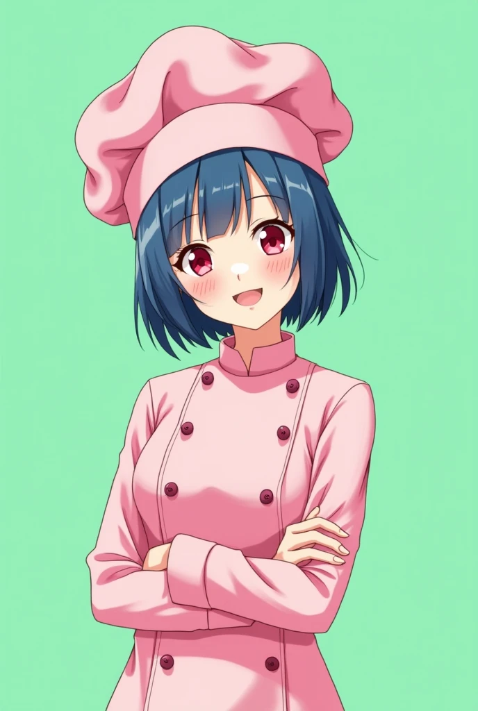 Female chef between 18 and 20 years old, with a pink long-sleeved uniform and a chef&#39;s hat of the same color, 2D anime style with pastel colors, short blue hair, Red eyes ,with a happy expression, on a completely green and flat background