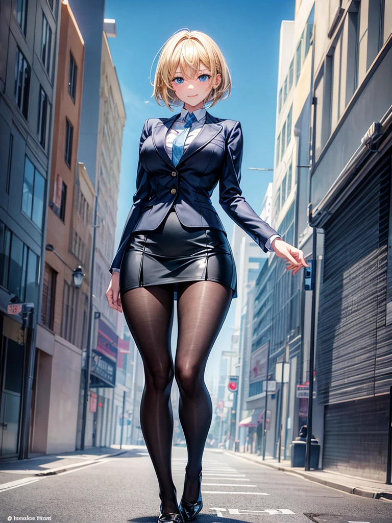 Anime style, super fine illustration, highly detailed, beautiful detailed, perfect detailed, super high quality image, static representation, gentle expression, happy expression, the pretty image, super stylish, 8k, pretty 1girl with blonde straight short hair & blue eyes & a bright smile & full bust & soft fair skin is a career woman supervisor who is not to show her skin wearing big light blue business shirt & black summer tailored jacket & black tight skirt & black pantyhose on the urban business buildings street, in the morning, solo, perfect fingers, no more fingers, no less fingers, perfect arms, no more arms, perfect legs, no more legs, no more hair, masterpiece.