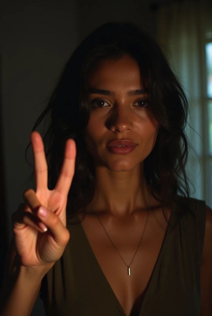  brunette and black latina at home making peace and love sign with hand, darkskin, Selfie, slim, with just one hand the signal, Selfie no espelho, not too close, tirando a Selfie com o celular na mão , hiding a part of the face, darker skin, lower lighting, the night , Colombian face 