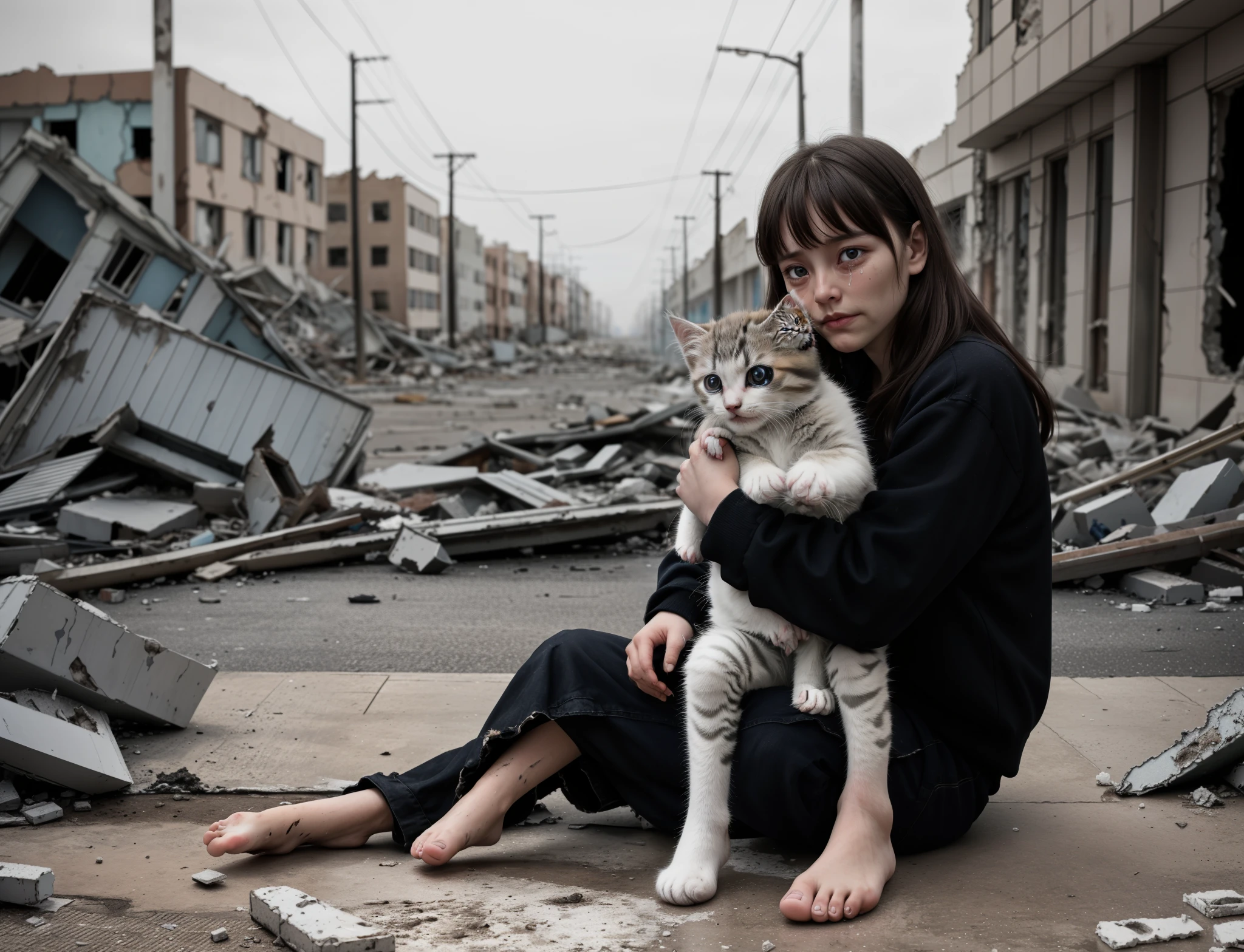 In the foreground is a  Ukrainian girl with an unhappy, dirty little face., holds a kitten in his hands. is sitting, hugs a kitten, crying, face is dirty. Against the backdrop of a destroyed Ukrainian city in black and white.a high resolution, feet out of frame, background blur, solo, 