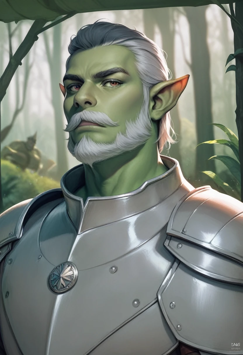 a highly detailed warrior orc with dawnguard armor, serious expression, gray hair, dark green skin, in a lush forest, 8k, best quality, beautiful lighting, photorealistic, hyper detailed, concept art,  man, bearded, mustache, masculine