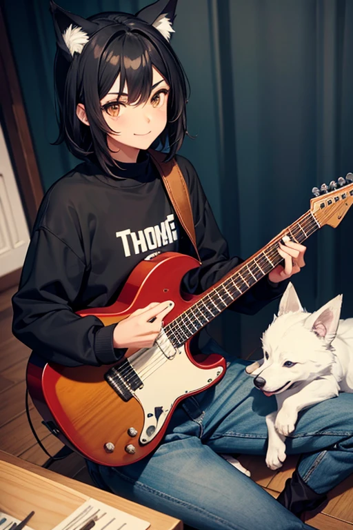 Create an image of a teenage girl named Fuyunah with straight, soft black hair. He wears a caramel or black sweatshirt with a black or white wolf or dragon design.. He is wearing black or blue jeans and stylish boots.. Fuyunah has a welcoming smile, that can feel hot or cold, and a slightly crazy expression. Next to you, there is a cute caramel dog and a white mongrel. He carries a katana and plays guitar and piano.."