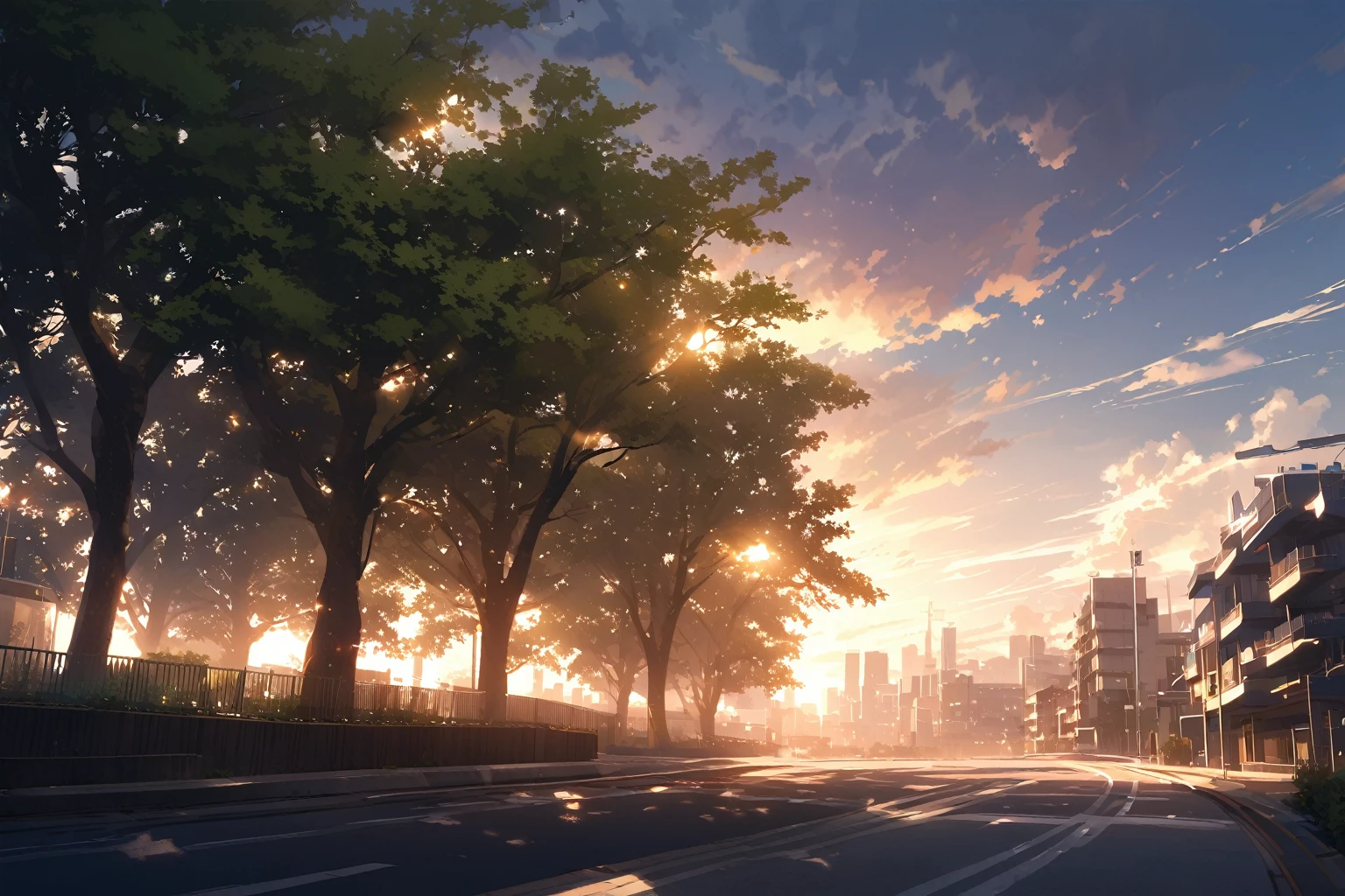 Peaceful city, trees, wind, dramatic lighting
