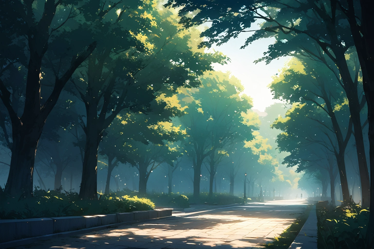 Peaceful city, trees, wind, dramatic lighting