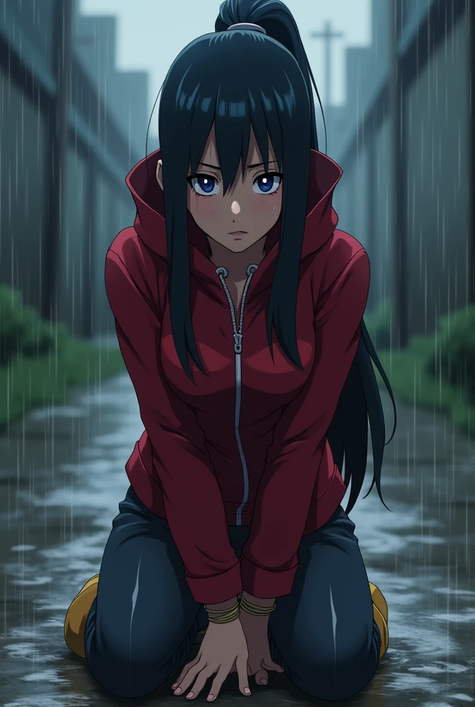 style animé manga une personnage fille sarada uchiha adult 17ans avec une veste rouge avec les cheveux long sarada qui est attaché à une corde les mains attaché derrière par terre dans la pluie