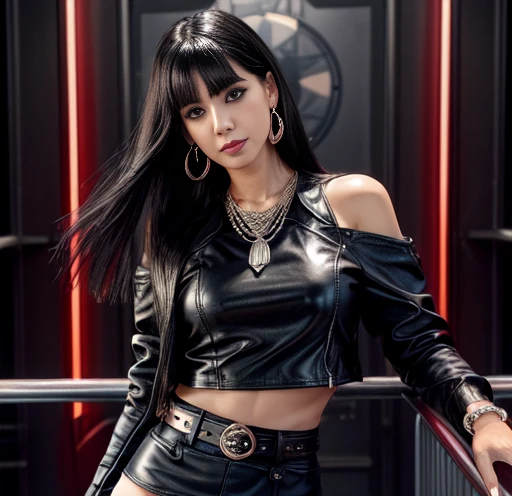 1 woman 30 years old, One, long straight black hair, bang,I look at the viewer, detailed eyes, shy smile,Jewelry, medium breast, earrings,belt, blue leather jacket over a tight red t-shirt,mini skirt,sheer white tights,NECKLACE, bracelet, lips,((Dynamic angle)),