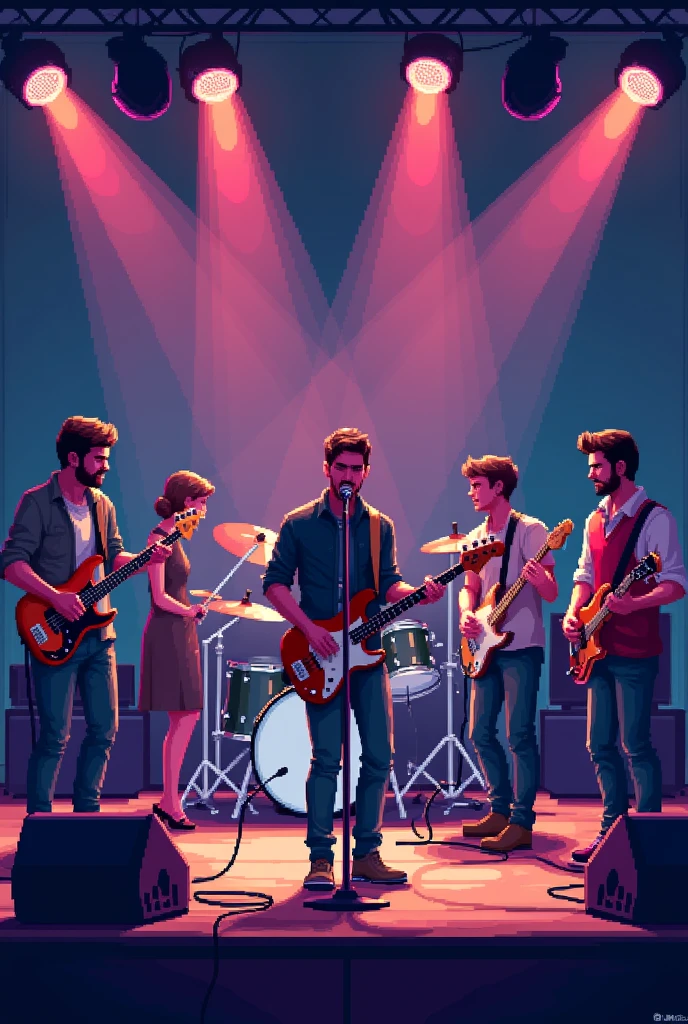 Make a pixel art style image sized for Instagram of a 5-member band with the following characteristics:

Man playing electric bass Woman playing keyboard Man playing acoustic guitar and singing Woman playing drums Man playing keyboard