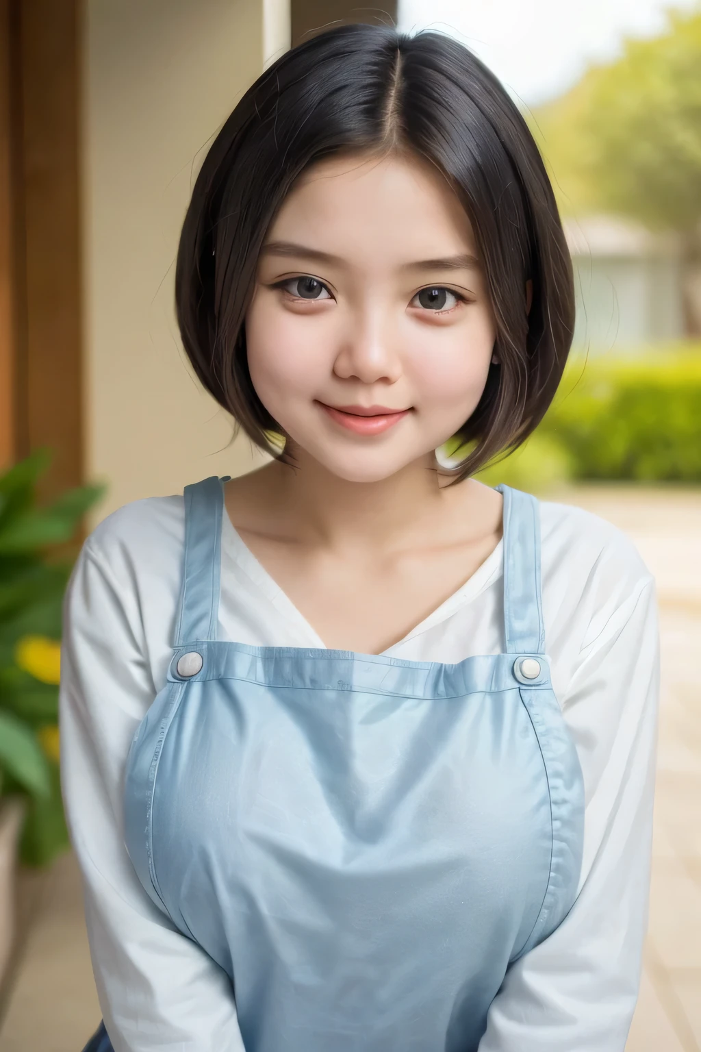 adorable, 1 girl, (face to face), , baby face, happy, medium portrait, (face details: 1), (eye details:1), ((naked big breasts)). wearing transparent transparency mini apron, .. Cute posed. proportional body. Ultra High Res. realistic: 1.4, UHD, ((shorthaircut)), lace