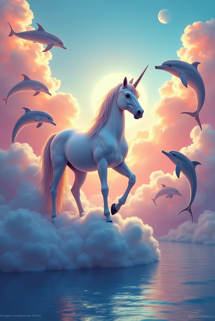 Unicorn on colorful clouds with dolphins very colorful too colorful,with more color ,Let the dolphins come out of the clouds and there is water too