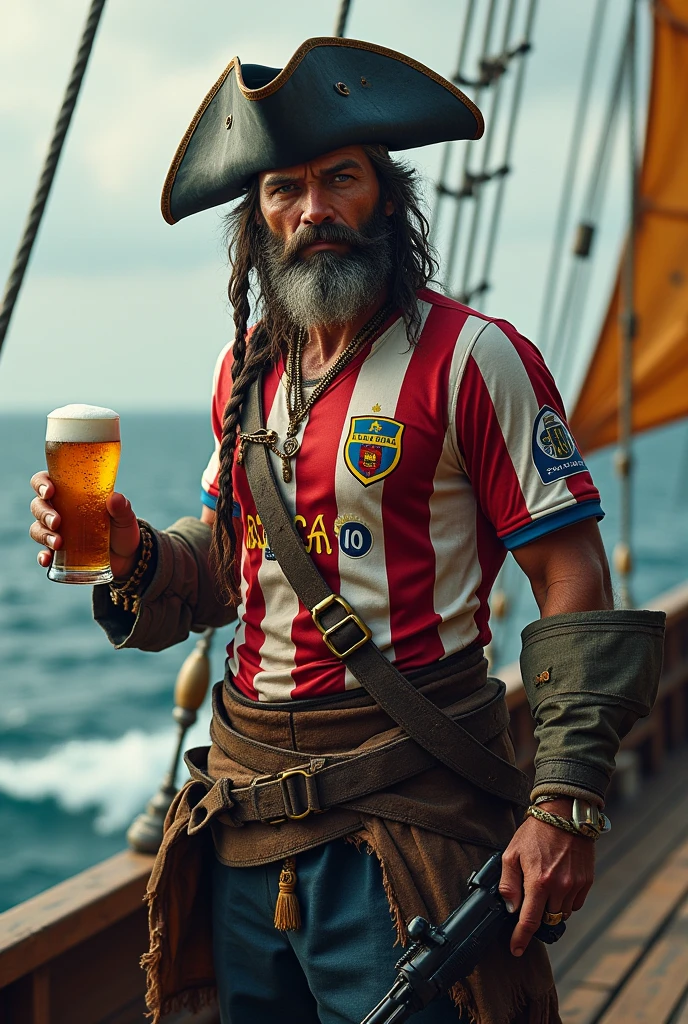 Pirate wearing Vasco da Gama football team jersey holding a beer and a gun