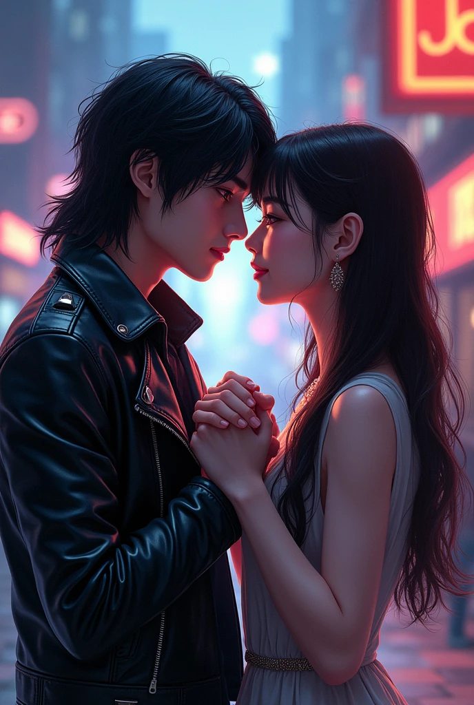 generates a very handsome korean boy with long hair with rocker style holding hands with nayeon from twice in a realistic illustration