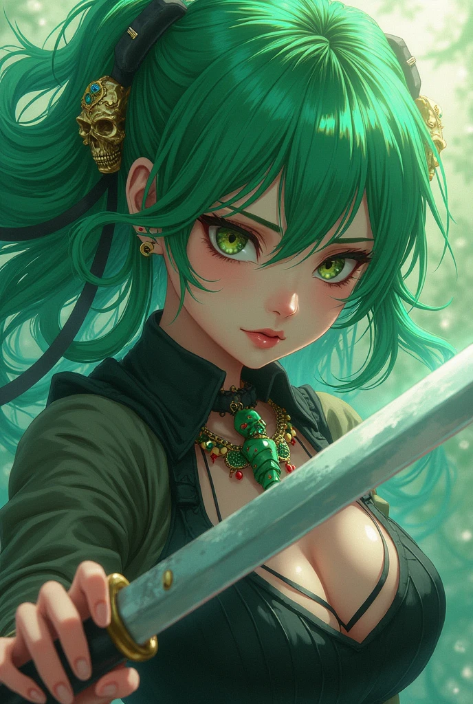 ((best qualityer)), ((work of art)), (detailded), woman with green hair, holding an epée, (Artgerm inspired:1.2), (winner of the pixiv contest:1.1), (octopus goddess:1.3), (Frenetic art style:1.2), retrato em close, goddess skull, (Senna do League of Legends:1.1), (Tatsumaki with curly green hair:1.2), card game illustration, thick brush, HD Anime Wallpaper, (akali from league of legends:1.1), 8K resolution