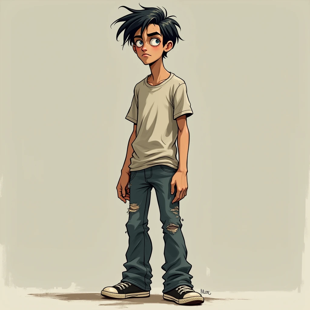 a lanky 4 man with wild, straight, short dark hair and piercing, narrowed blue-grey eyes, raised eyebrows, and a knowing smirk, wearing a faded, ironic  t-shirt, ripped jeans, and scuffed sneakers, exuding a tired, intelligent air