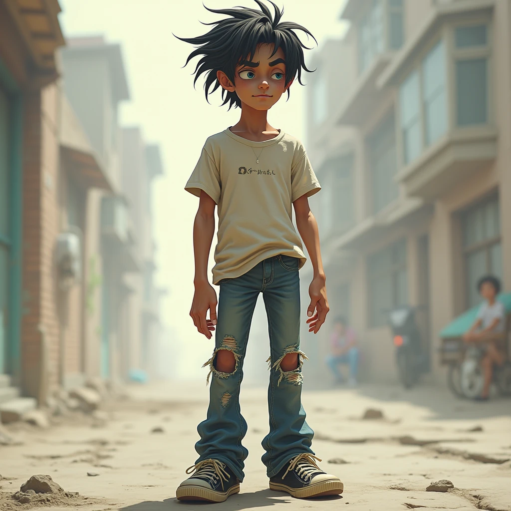 a lanky 4 man with wild, straight, short dark hair and piercing, narrowed blue-grey eyes, raised eyebrows, and a knowing smirk, wearing a faded, ironic  t-shirt, ripped jeans, and scuffed sneakers, exuding a tired, intelligent air