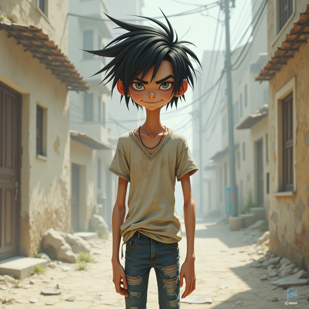 a lanky 4 man with wild, straight, short dark hair and piercing, narrowed blue-grey eyes, raised eyebrows, and a knowing smirk, wearing a faded, ironic  t-shirt, ripped jeans, and scuffed sneakers, exuding a tired, intelligent air