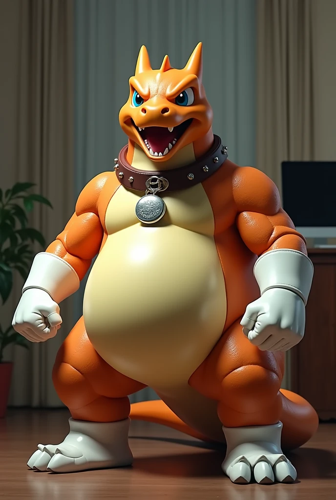 Charizard wearing a leather collar around his neck, white rubber gloves on hands and feet, white spats on feet, fat, bulging belly, large belly, thick leather collar, (high quality,4k,8k,highres,masterpiece:1.2),ultra-detailed,(realistic,photorealistic,photo-realistic:1.37), masterpiece,(intricate details), captivating artwork, artistically rendered, masterful strokes, attention to detail, tasteful composition, alluring charm, careful shading, great attention to anatomy, meticulous rendering, impeccable craftsmanship, vivid colors, perfect balance between realism and fantasy. Solo, Male, fat, squatting, extremely obese, gentleman, Charizard, bulging belly, large belly, blue eyes, (posing:1.3), (soft shading), 4k, hi res, ((detailed face, detailed)), looking at viewer, mouth wide open, office, top hat, male focus, brown headwear, Charizard is wearing a glossy leather dog collar around the neck, Charizard is wearing the leather collar and gloves and spats at the same time, Charizard is wearing glossy white rubber gloves on the hands, wearing white rubber gloves on the feet, gloves are rubber in texture, clenching fists, leather collar is glossy and shiny with a lot of detail, Charizard is wearing gloves and leather collar at the same time, leather collar has a round dog-tag, leather collar is thick and detailed.