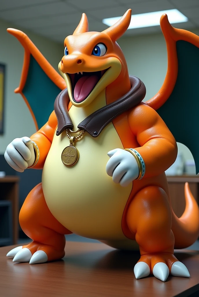 Charizard wearing a leather collar around his neck, white rubber gloves on hands and feet, white spats on feet, fat, bulging belly, large belly, thick leather collar, (high quality,4k,8k,highres,masterpiece:1.2),ultra-detailed,(realistic,photorealistic,photo-realistic:1.37), masterpiece,(intricate details), captivating artwork, artistically rendered, masterful strokes, attention to detail, tasteful composition, alluring charm, careful shading, great attention to anatomy, meticulous rendering, impeccable craftsmanship, vivid colors, perfect balance between realism and fantasy. Solo, Male, fat, squatting, extremely obese, gentleman, Charizard, bulging belly, large belly, blue eyes, (posing:1.3), (soft shading), 4k, hi res, ((detailed face, detailed)), looking at viewer, mouth wide open, office, top hat, male focus, brown headwear, Charizard is wearing a glossy leather dog collar around the neck, Charizard is wearing the leather collar and gloves and spats at the same time, Charizard is wearing glossy white rubber gloves on the hands, wearing white rubber gloves on the feet, gloves are rubber in texture, clenching fists, leather collar is glossy and shiny with a lot of detail, Charizard is wearing gloves and leather collar at the same time, leather collar has a round dog-tag, leather collar is thick and detailed.