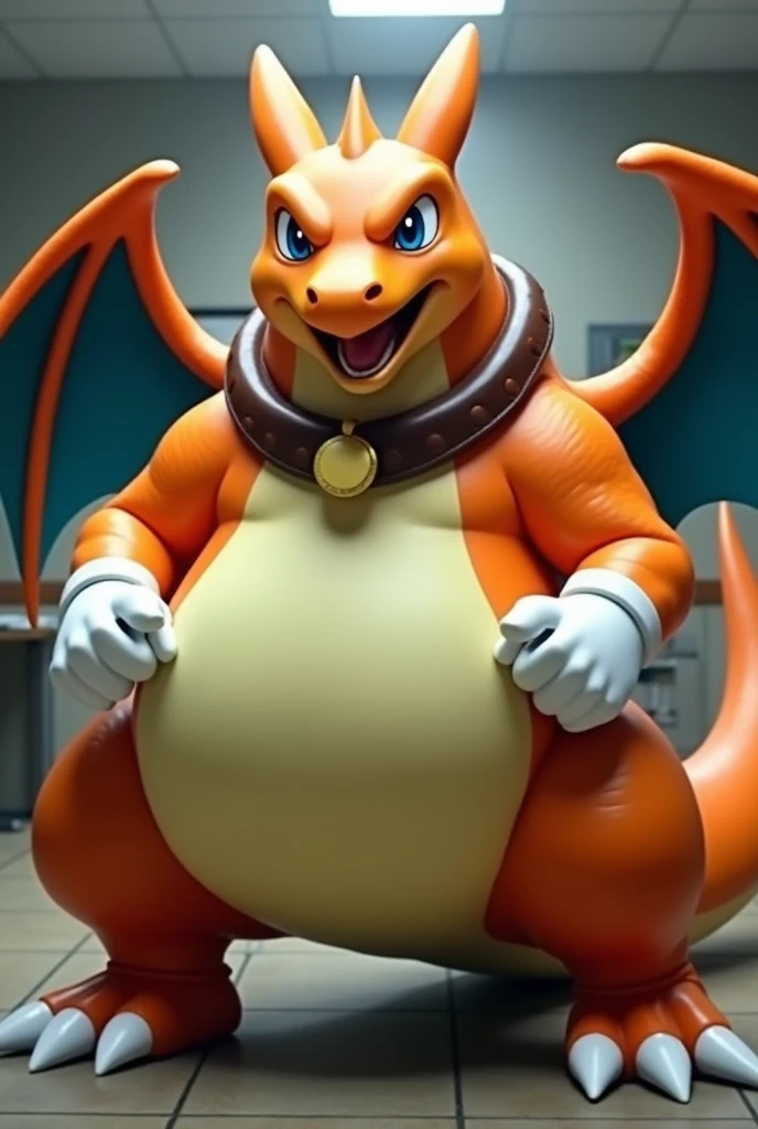 Charizard wearing a leather collar around his neck, white rubber gloves on hands and feet, white spats on feet, fat, bulging belly, large belly, thick leather collar, (high quality,4k,8k,highres,masterpiece:1.2),ultra-detailed,(realistic,photorealistic,photo-realistic:1.37), masterpiece,(intricate details), captivating artwork, artistically rendered, masterful strokes, attention to detail, tasteful composition, alluring charm, careful shading, great attention to anatomy, meticulous rendering, impeccable craftsmanship, vivid colors, perfect balance between realism and fantasy. Solo, Male, fat, squatting, extremely obese, gentleman, Charizard, bulging belly, large belly, blue eyes, (posing:1.3), (soft shading), 4k, hi res, ((detailed face, detailed)), looking at viewer, mouth wide open, office, top hat, male focus, brown headwear, Charizard is wearing a glossy leather dog collar around the neck, Charizard is wearing the leather collar and gloves and spats at the same time, Charizard is wearing glossy white rubber gloves on the hands, wearing white rubber gloves on the feet, gloves are rubber in texture, clenching fists, leather collar is glossy and shiny with a lot of detail, Charizard is wearing gloves and leather collar at the same time, leather collar has a round dog-tag, leather collar is thick and detailed.