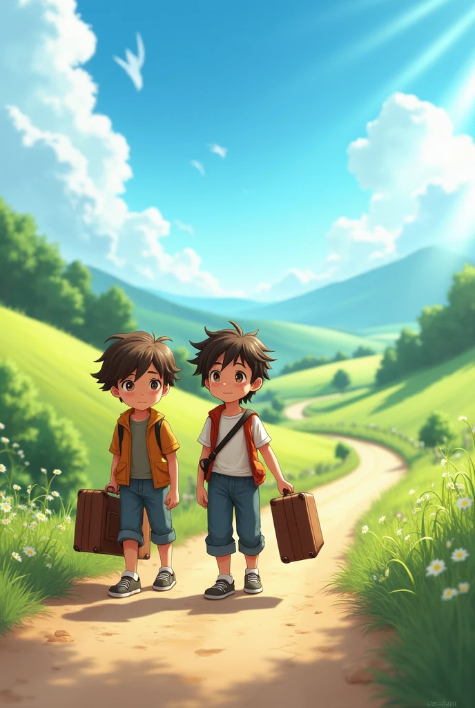 Two male children with suitcase walking on a road during realistic day