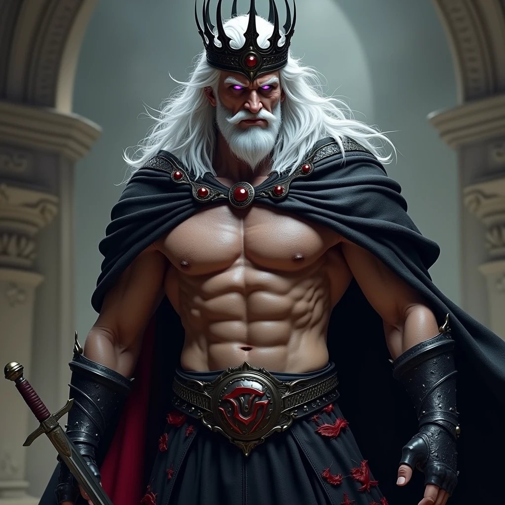 a muscular white-haired man, nude, silver hair, purple eyes, king, black and red crown, sword, black armor, short hair, mischievous, mischievous face, stern gaze, stifled smile, crazy smile, jealous, textured skin, highly detailed, retinal, high quality, premium quality, high detail, HD model, damaged, detail, best quality, award-winning, precise, high resolution, masterpiece, anatomically correct