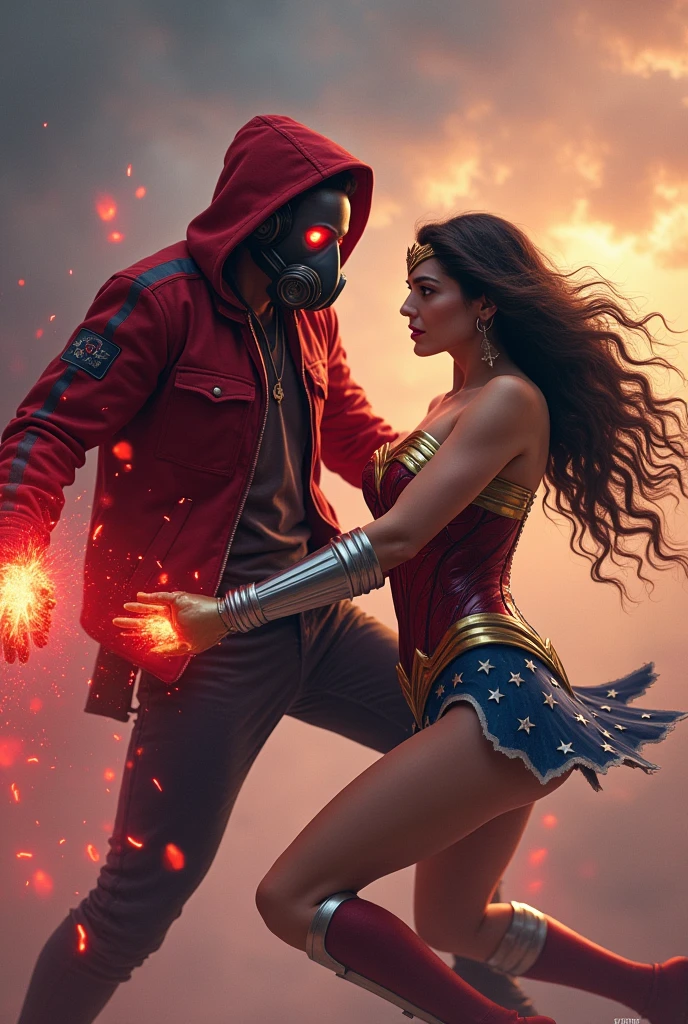 Young Star-lord with red hoodie, headphones, star-lord helmet on head, gas helmet, covered mouth, round red eyes, Red eyes, magic rings in the hands and rocket boots, Vs. Wonder woman (Big tits), Fighting, power, fiction, full body, 2 person, magic lasso, flying in the sky, hight, fall, touching rear, fire in boots, red magic musical notes surrounding, full escene