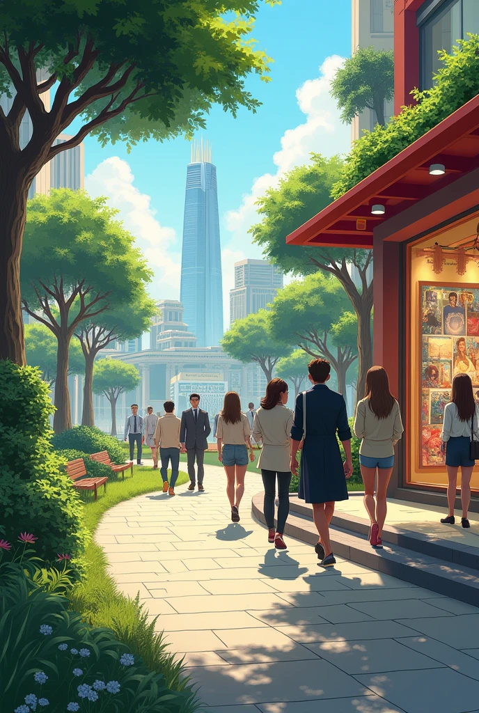 Path with green area on the left with an urban art gallery and people experiencing art