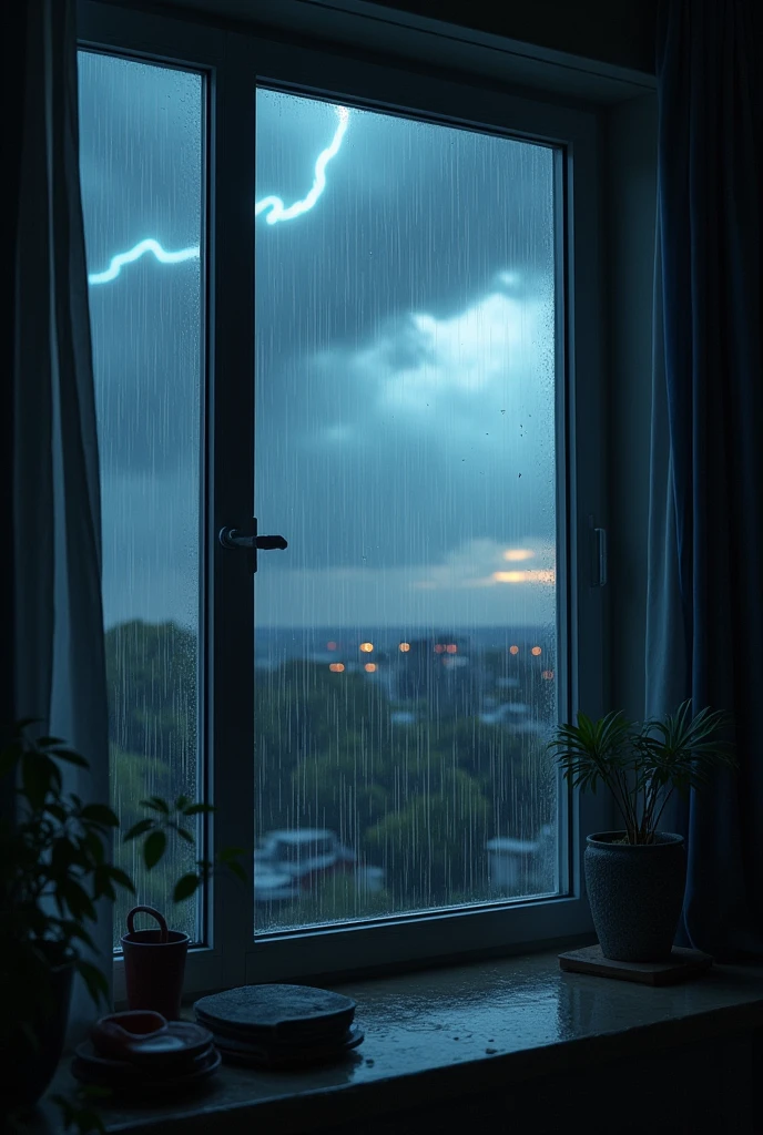 It rains　Looking out the window　Drops of water dripping off the glass　The sky is thundering、Lightning flashes、